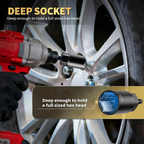 Magnetic Impact Nut Driver Set 86 Piece Heavy Duty With Metric And SAE Bits Socket Adapters in use on car wheel, deep socket feature visible