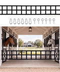 Dang Solid 12 By 20 Foot Polyester Horse Stall Guard Featuring No Sweat Adjustable Straps, installed with two horses.