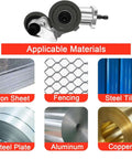 Image of Beefy Electric Drill Plate Cutter and Metal Nibbler Attachment with applicable materials like iron sheet, steel, copper.