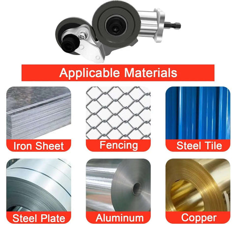 Image of Beefy Electric Drill Plate Cutter and Metal Nibbler Attachment with applicable materials like iron sheet, steel, copper.