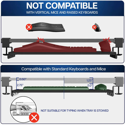 Compatibility diagram for Under Desk Keyboard Tray With Heavy Duty Clamp Mount System 27 Inch Sliding Keyboard Drawer