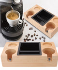Premium Wood Espresso Tamper Holder Stand With Knock Box Built Damn Tough for Smoother Tamping beside espresso machine.