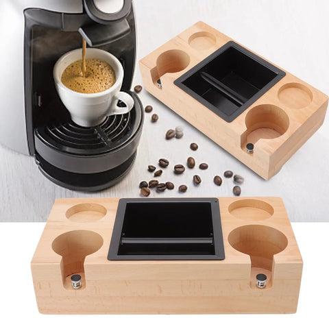 Premium Wood Espresso Tamper Holder Stand With Knock Box Built Damn Tough for Smoother Tamping beside espresso machine.
