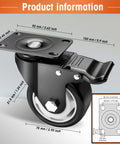 Casters 4-pack, 3-inch black polyurethane swivel wheels with top-plates and brakes for furniture/workbench (front view)