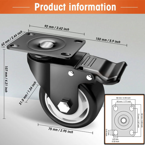 Casters 4-pack, 3-inch black polyurethane swivel wheels with top-plates and brakes for furniture/workbench (front view)