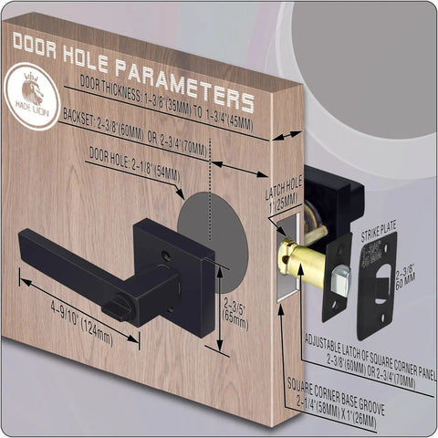 Diagram showing dimensions of Privacy Matte Black Square Door Handles Set 6 Pack No Keys Needed Heavy Duty Interior Door Levers