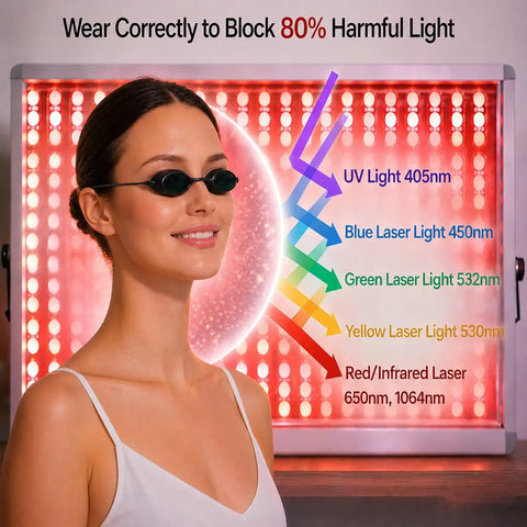 IPL Laser Safety Goggles With Anti Fog Lenses For Hair Removal And Tanning Sessions Offering 200Nm To 2000Nm Blocking, worn by a woman.