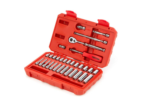 Heavy Duty Quarter Inch Drive 33 Piece Socket And Ratchet Set With Six Point Standard And Deep Sockets Four To Fourteen Millimeters Universal Joint And Extensions Plus Hex Bit Holder For Auto Repair And Do It Yourself Projects in red case.