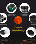 Eyepiece Kit Must Have For 1.25 Inch Telescopes With Plossl Eyepieces 4mm 10mm 25mm And 2X Barlow Lens FMC Fully Coated High Magnification Astronomy Accessories Bundle featured in detailed component infographic with threads, rubber eyecup, and diagonal body design.