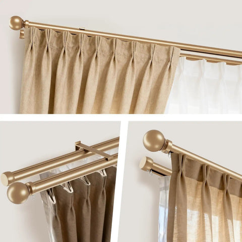 Dual Track Curtain Rod Set With Heavy Duty Aluminum Brackets For Living Room And Bedroom Silent Glide Drapery Rails For Sheer And Blackout Curtains No Fuss Easy Install Modern Finials Durable Window Treatments For Any Window, gold dual-track rod with sheer and blackout curtains
