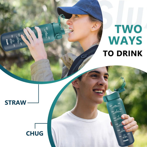 24oz Insulated Water Bottle With Straw And Chug Lids 18/10 Stainless Steel Double Wall Vacuum BPA Free in use outdoors.