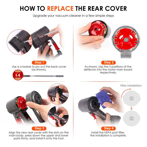 Step-by-step guide for replacing motor rear cover and pre/post HEPA filter set for Dyson V6 vacuum cleaner upgrade kit instructions.