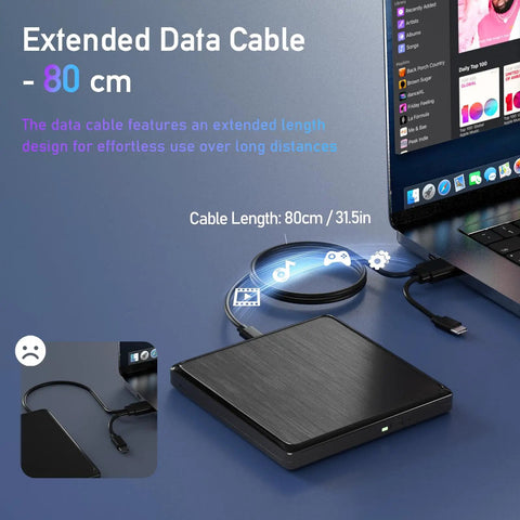External CD And DVD Drive For Laptop With USB Connection And Extended 31.5 Inch Data Cable For Flexible Placement On Desk Or Shelf Plug And Play Portable Optical Drive For Easy Data Transfer, black