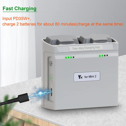 36W Multifunction Parallel Battery Charger For DJI Mini 4K, Mini 2, Mini 2 SE, And Mini SE Drone on countertop, charging two batteries