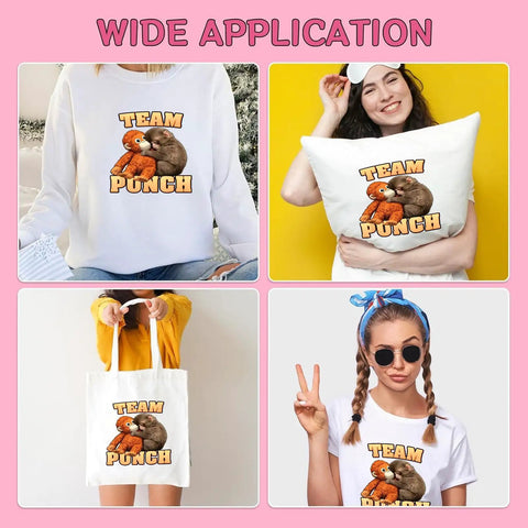 4 images showing "Team Punch" design on shirt, pillow, tote, and t-shirt; 6 Pack DTF Transfers for T Shirts Ready to Press Heat Transfer Stickers 7x7