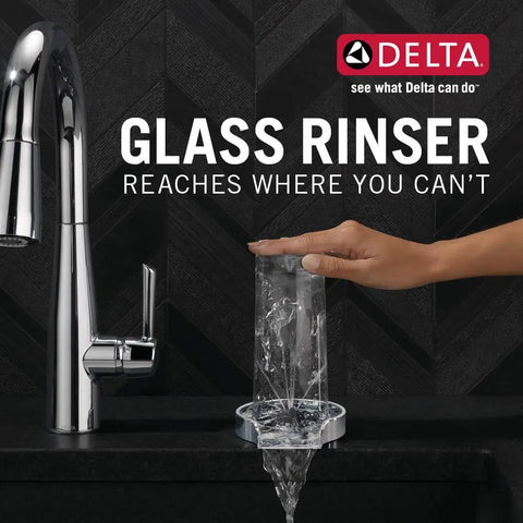 Glass Rinser For Kitchen Sinks And Bar Glassware No Mess Cleanup Quick Rinse with jet wash in use with travel mug, chrome finish.
