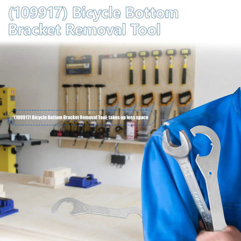 Double Ended Bicycle Bottom Bracket Lockring Wrench And Removal Tool for cup-and-cone systems in workshop setting.