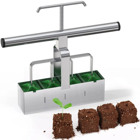 Easy To Use Soil Blocker With Comfortable Handle, 4 Cell 2 Inch Block Maker For Seed Starting And Germination, steel mold next to soil blocks