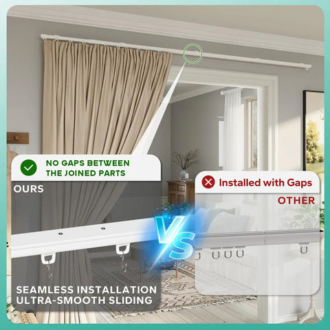 Retractable Ceiling Curtain Track Kit 11 To 12 Foot Aluminum White Rod System With Adjustable Length installed above doorway, no gaps