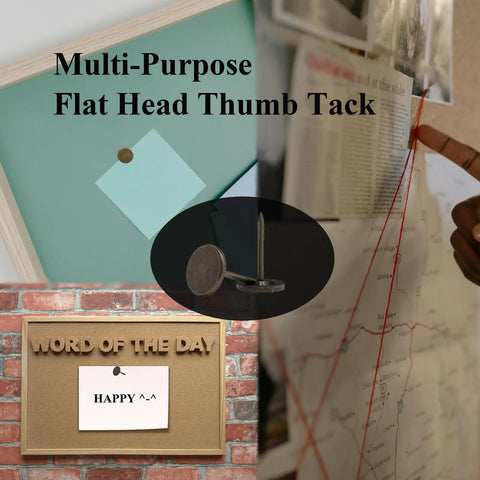One Hundred Heavy Duty Flat Head Thumb Tacks In Bronze Top Shelf Push Pins For Upholstery And Wall Decor Slick Decorative Photo Fasteners that can be used on bulletin boards.