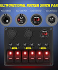 Front view of Six Gang Rocker Switch Panel with Red Backlit 12V 24V LED Voltmeter, Dual USB Charger 3.1A, highlighting outlets