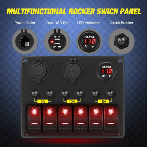 Front view of Six Gang Rocker Switch Panel with Red Backlit 12V 24V LED Voltmeter, Dual USB Charger 3.1A, highlighting outlets