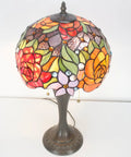 Tiffany Style Stained Glass Table Lamp With Red Rose Pattern, 12 Inch Shade, 22 Inch Tall, Resin Antique Green Bronze Base, Pull Chain, UL Listed, Cozy Bedside Desk Reading Light For Living Room And Home Office.