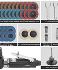 Gunpla 1/4-inch angle air die grinder kit with 26 sanding discs, wrenches, collets, polishing pads, and pad holder.