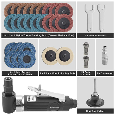 Gunpla 1/4-inch angle air die grinder kit with 26 sanding discs, wrenches, collets, polishing pads, and pad holder.