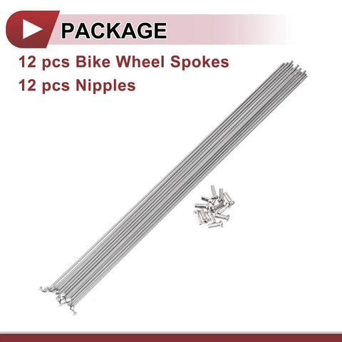 12 Pack 14G Bicycle Spokes 291mm Set 304 Stainless Steel Silver Tone For Wheels With 2mm Diameter And 4mm Elbow Copper Nipples