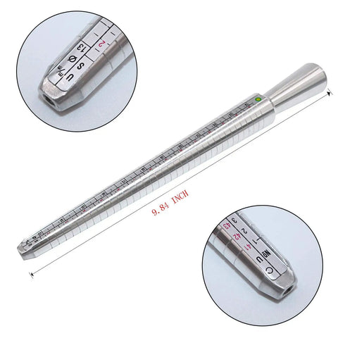 Ring Sizer Kit With 27 Piece Gauge Set For Finger Sizing Aluminum Mandrel And Stainless Steel Gauge Set US Sizes 1 To 15 And EU 41 To 76 Jewelry Sizing Tool Set For At Home DIY Jewelry Making And Pro Jewelers, showing aluminum mandrel with size markings.