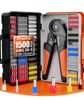 Ferrule Crimping Tool Kit With 1500 Wire Connectors, Adjustable Ratcheting Hex Crimpers For AWG 28 To 5 in open case