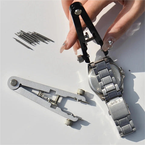 Pro Grade 6 Piece Watch Repair Kit for Strap Replacement and Pin Remover with Precision Tips in use on metal watchband