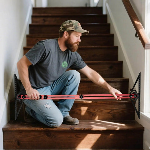 Man using Stair Gauge And Layout Tool Set With Flexible Extension Beams For Precise Measuring And Scribing Of Stair Treads