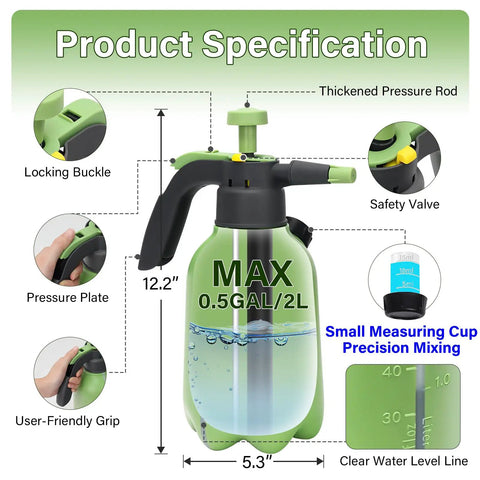 Half Gallon Hand Pump Sprayer With Side Water Inlet, 2 Adjustable Nozzles, Clear Water Level Indicator, Safety Valve diagram