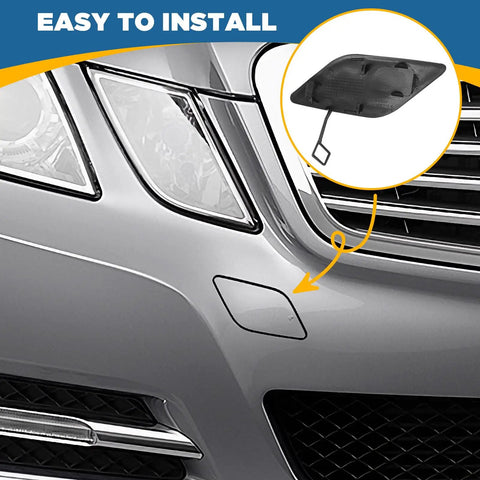 Mercedes-Benz Front Bumper Tow Hook Cover for E-Class W212 E300 E350 E400 E550 2010 2011 2012 2013 Right Passenger Side Towing Eye Cap Replacement Unpainted ABS Plastic Plug And Play Easy Install With OEM Look, highlighting installation position