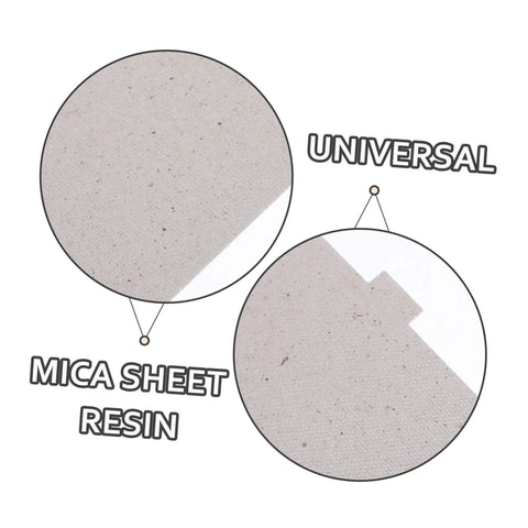 Close-up of mica resin waveguide cover with universal label, part of High Temperature Mica Flakes Microwave Waveguide Cover Heat Insulation Sheets For RV Ovens 10 Pack Durable Microwave Parts That Withstand High Heat Without Warping And Keep Your Microwave Performing Safely.