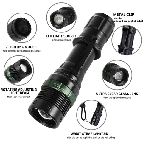 4 Pack 11-Inch Traffic Wand LED Flashlight With 7 Red Flash Modes, featuring adjustable beam, metal clip, clear lens and wrist strap