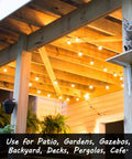 2 Pack 100ft Outdoor String Lights With G40 Shatterproof LED Bulbs, illuminating a patio space with a cat on a wooden beam