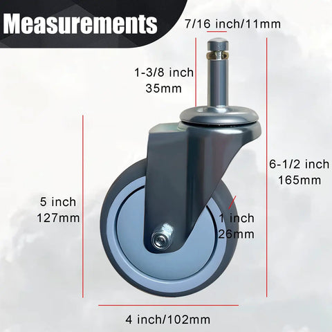 Heavy Duty Four Inch Swivel Caster Wheels With Non Marking Rubber Tires And 7/16 Inch Threaded Stems measures 4 inches in diameter.