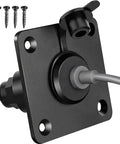 Beefy Metal Electrical Outlet With Slick Ergonomic Plug Design No Sweat Easy Install For Camping Rv Satellites And Mobile Living Spaces Dependable Five Amp Power Rig close-up showing black metal socket and attached cable.