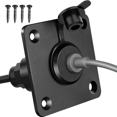 Beefy Metal Electrical Outlet With Slick Ergonomic Plug Design No Sweat Easy Install For Camping Rv Satellites And Mobile Living Spaces Dependable Five Amp Power Rig close-up showing black metal socket and attached cable.