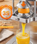 Heavy Duty 2 In 1 Electric French Fry Cutter Juicer Press automatic juicer extracting fresh orange juice into a glass.