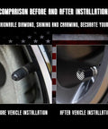 Comparison of flag-themed car truck antenna valve stem caps before and after installation showing enhancement