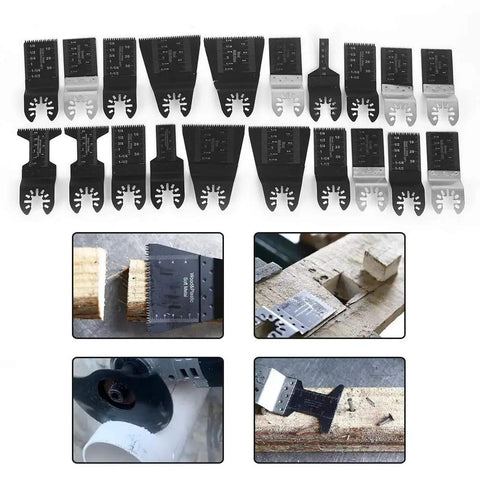 All Purpose Oscillating Tool Blade Kit, 20 Piece High Carbon Steel Set For Cutting Plastic, Wood And Soft Metals, blades displayed