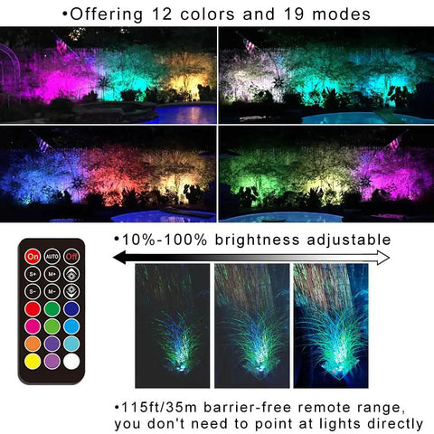 Color display of Outdoor 24W RGB Landscape Lights With Transformer And Remote showcasing 12 colors and 19 modes.
