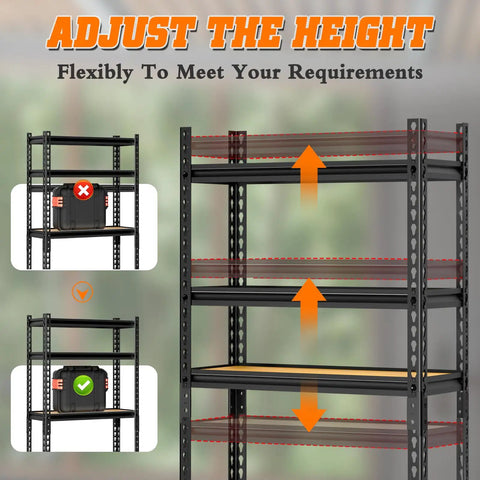 Tough As Nails 5-Tier Metal Shelving Unit Heavy Duty Storage Rack Adjustable height with black metal shelves for tools.