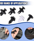 100 Piece Car Bumper Retainer Clips Set Tough Durable Plastic Fasteners for Auto Body Panels shown in multi-use scenarios