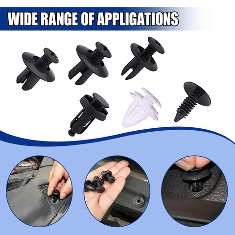 100 Piece Car Bumper Retainer Clips Set Tough Durable Plastic Fasteners for Auto Body Panels shown in multi-use scenarios