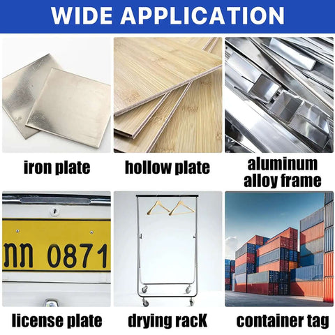 Image showing wide application examples: iron plate, hollow plate, aluminum frame, license plate, drying rack, container tag.